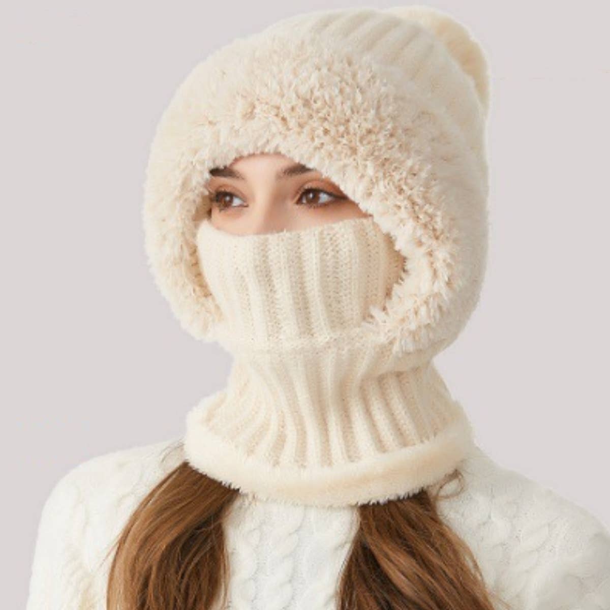 Cwah2211_Knit Thick Fluffy Ball Bib Headpiece