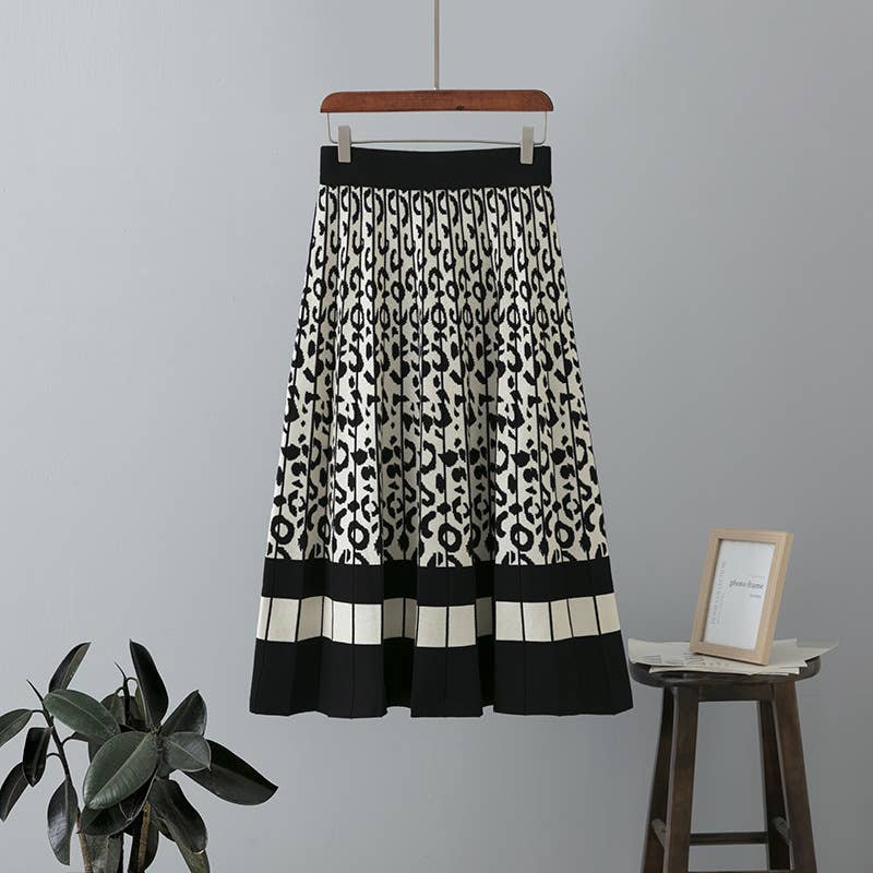 Vintage Leopard Print Contrast Knit Skirt
