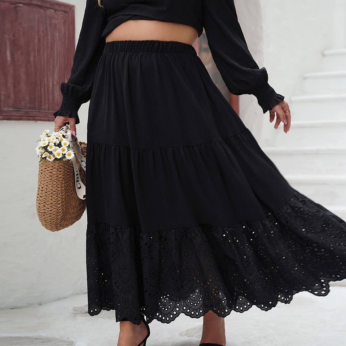 Solid Color Fashion Plus-Size Hollow Out Skirt
