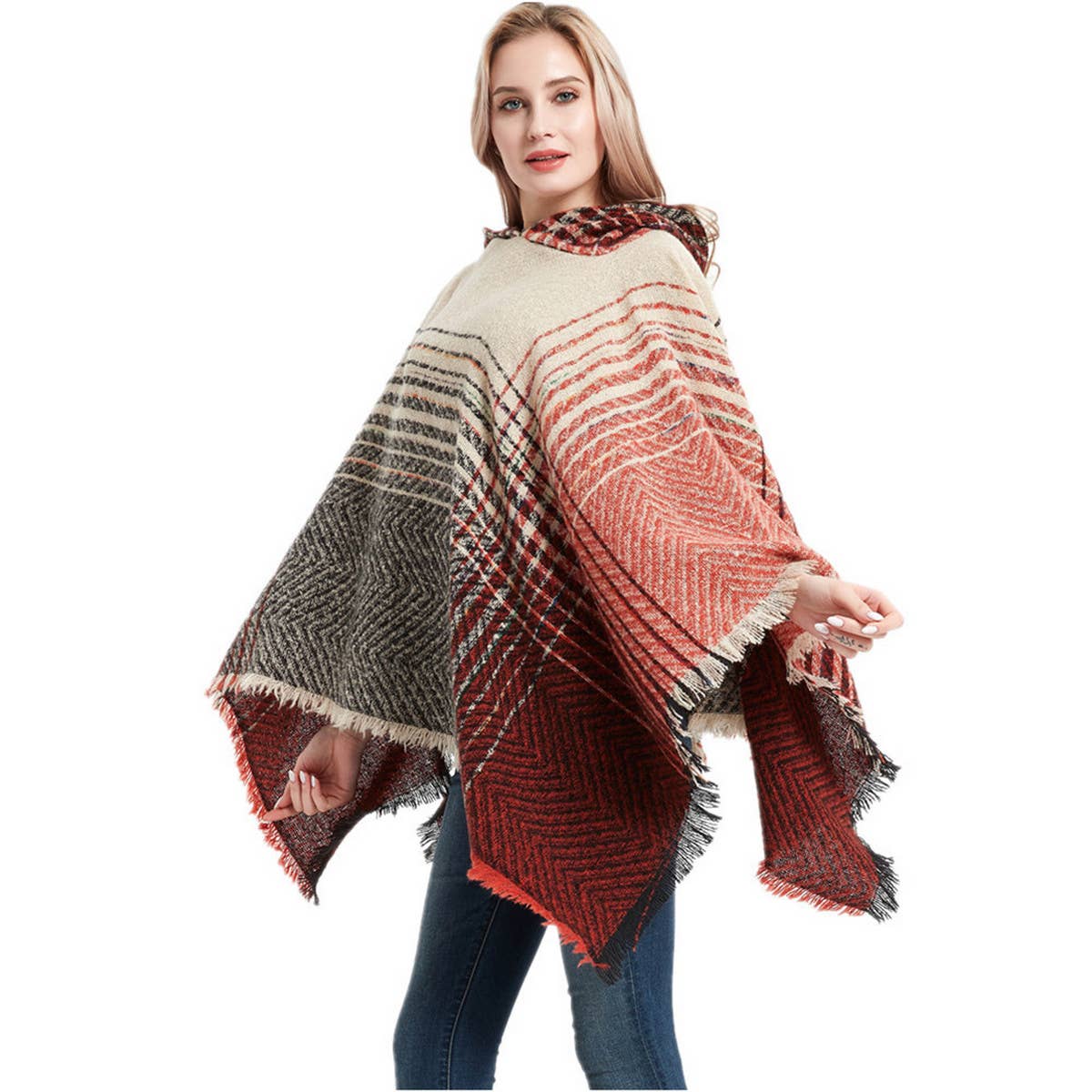 NEW HERRINGBONE GRADIENT HOODED CAPE SHAWL_CWASC1203