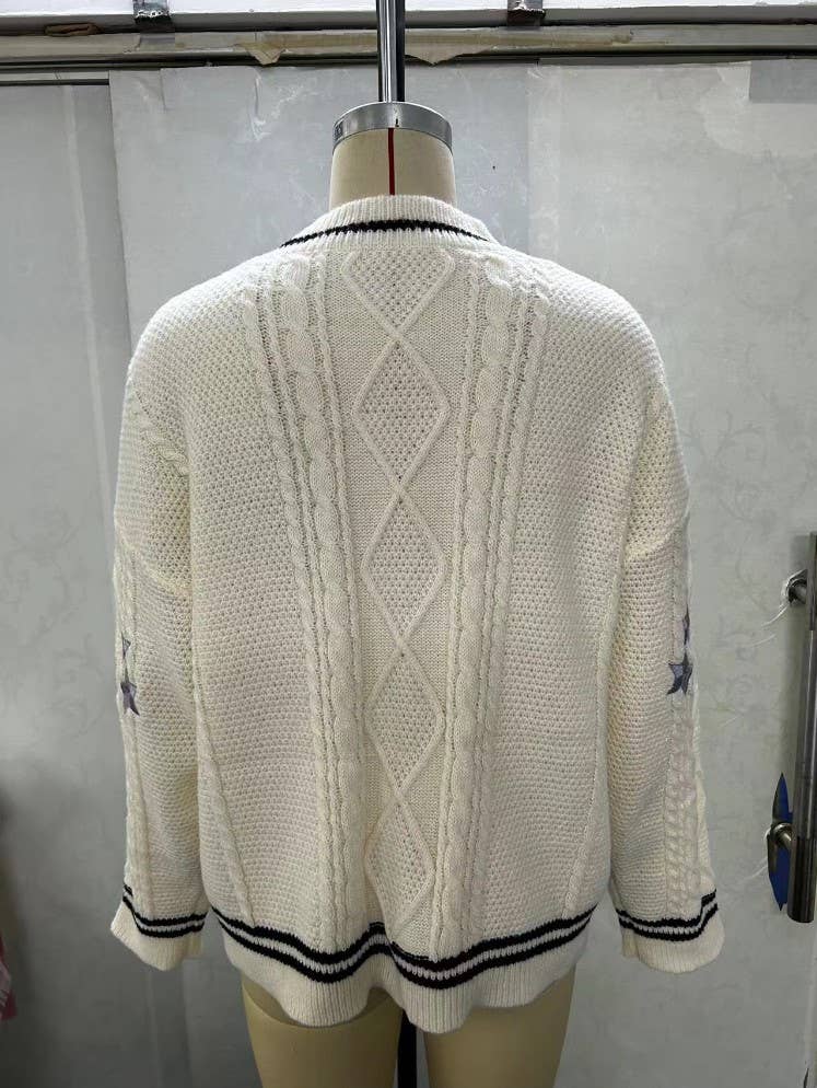 V-Neck Embroidered Single-Breasted Cardigan