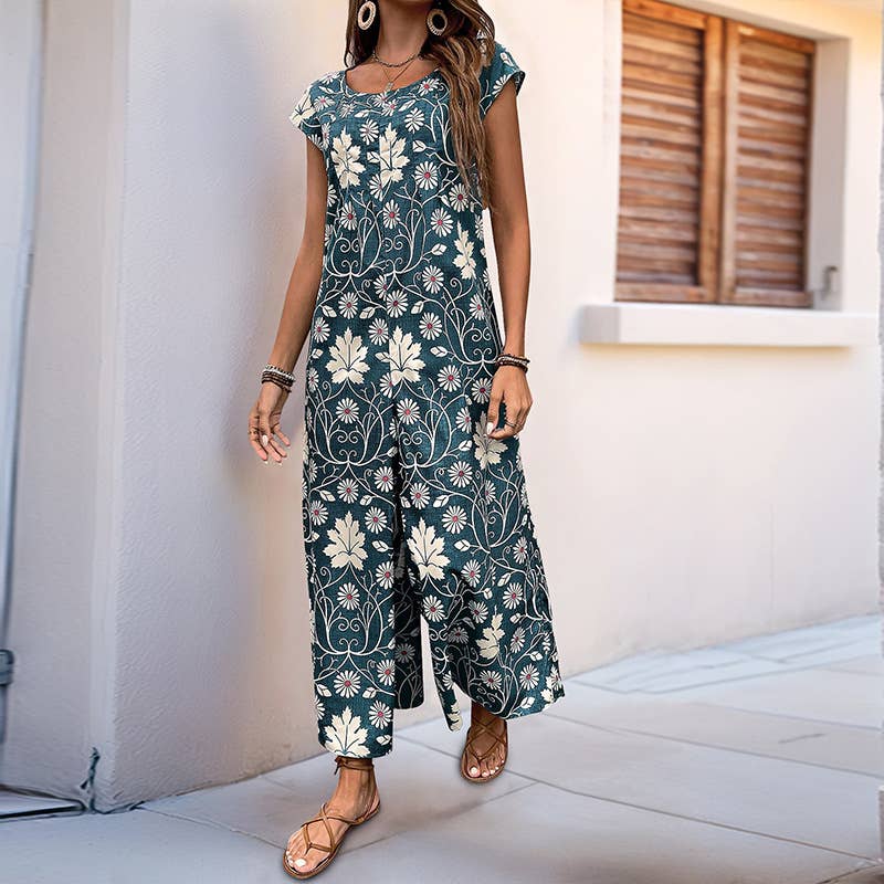 Vintage Floral Print Casual Straight-Leg Jumpsuit