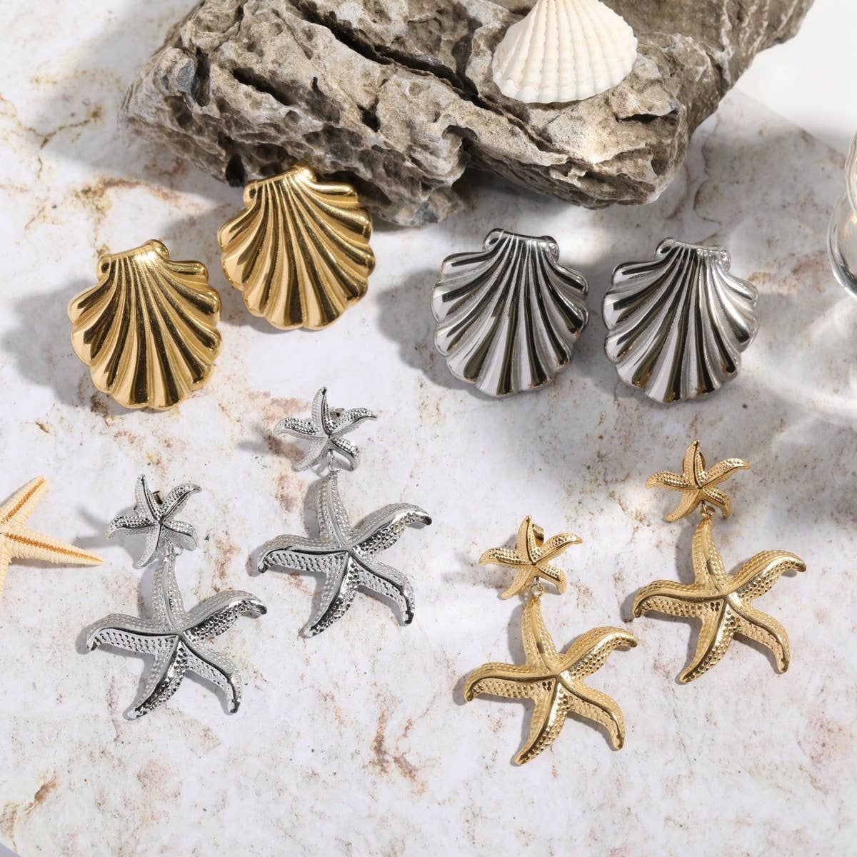 DESIGN STAINLESS STEEL SHELL STARFISH EARRINGS_CWMM5730