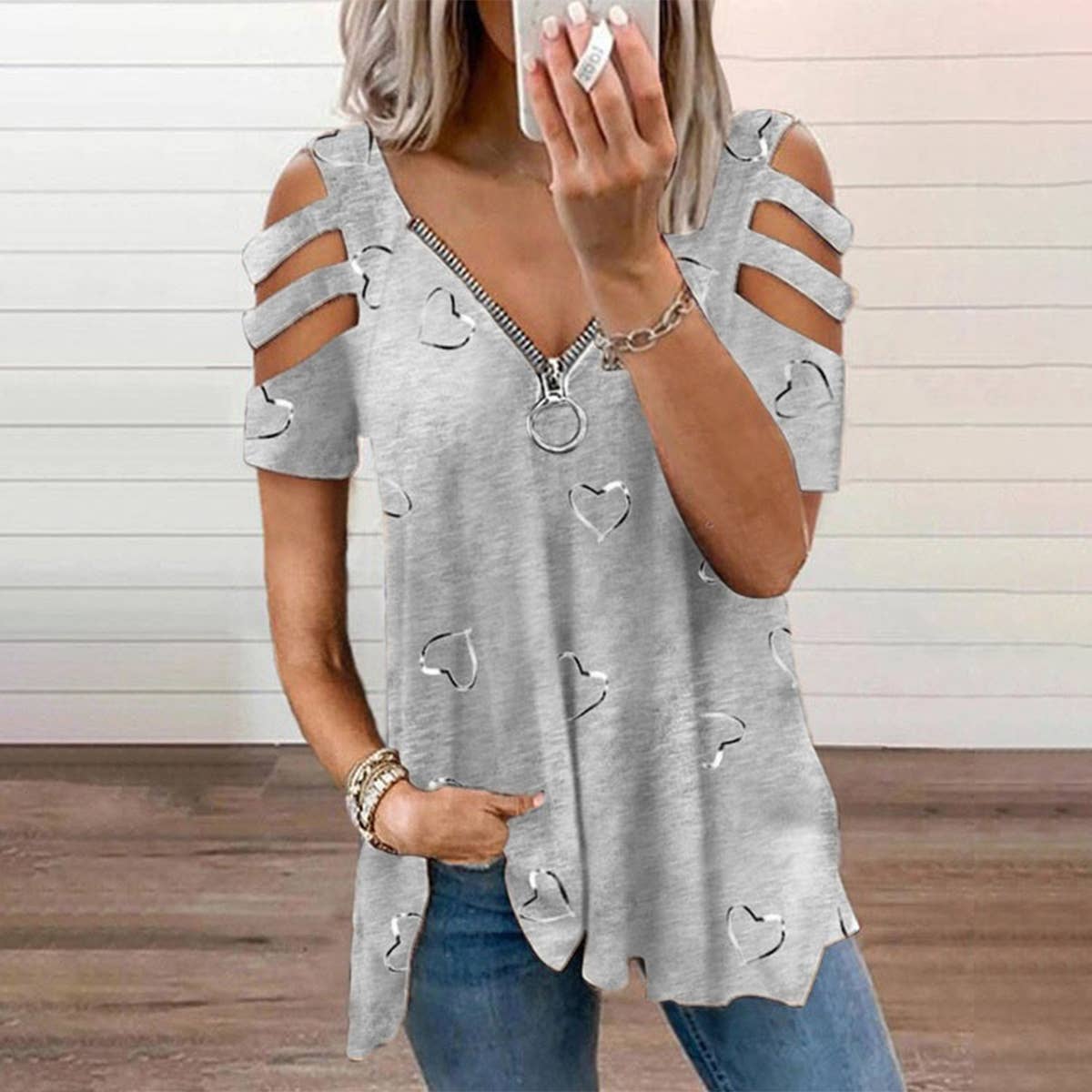 V-Neck Zip-Up Print Short-Sleeved Baggy Blouse
