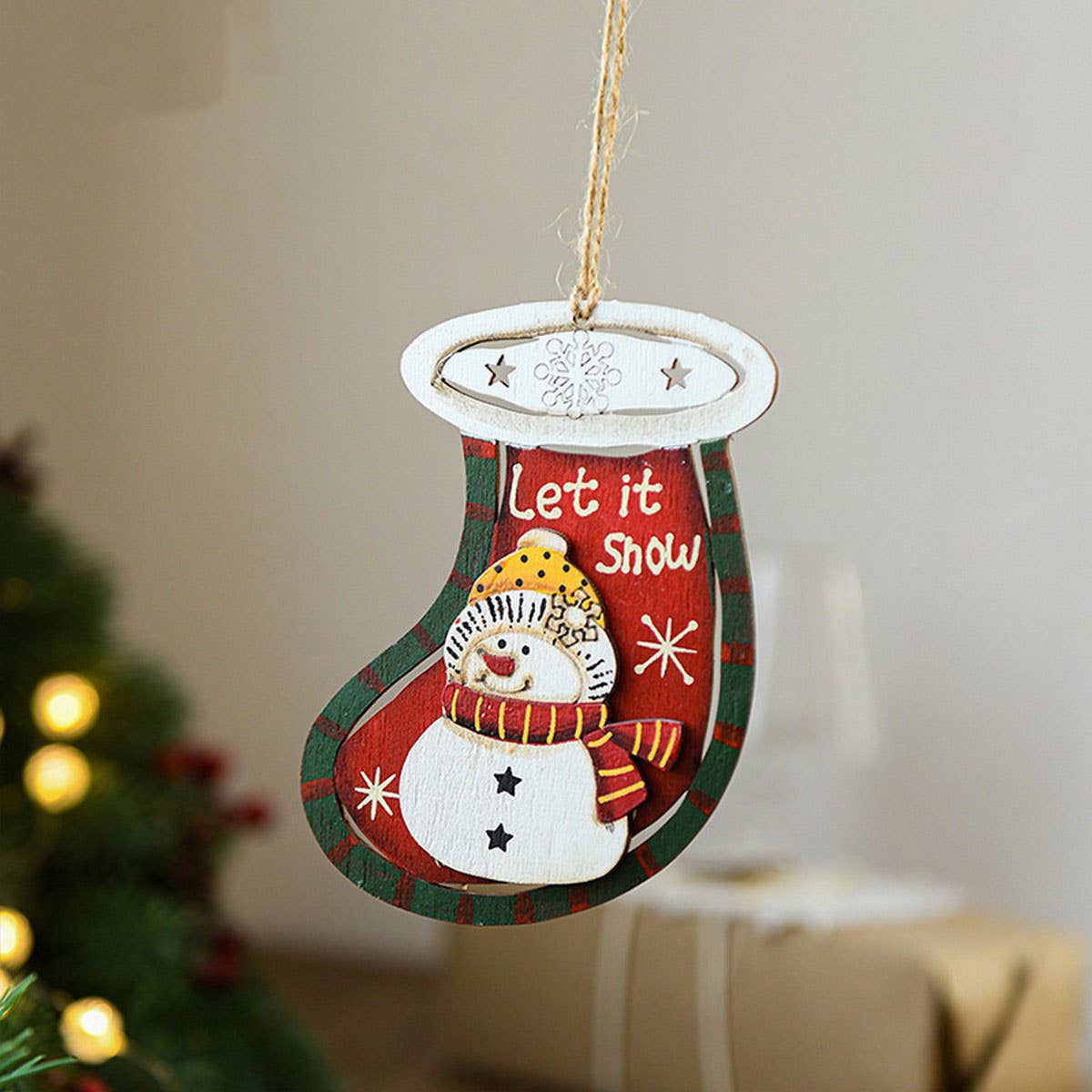 RUSTIC WOOD SANTA SNOWMAN XMAS TREE ORNAMENTS_CWMM9670