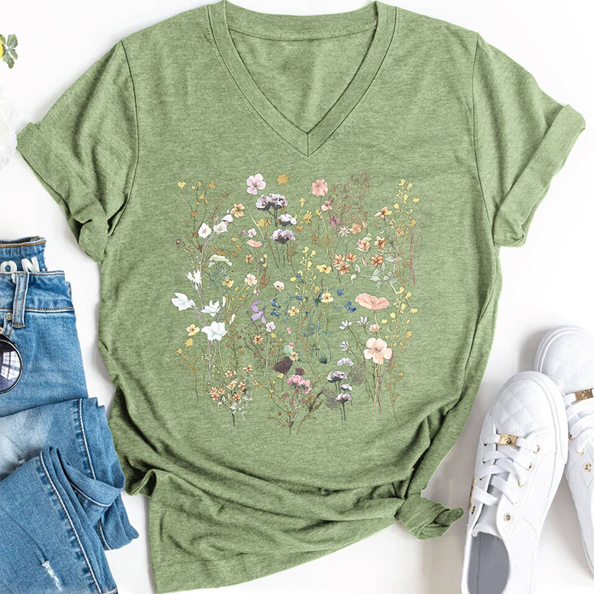 FLORAL V NECK GRAPHIC TEE FOR WOMEN LOOSE FIT_CWTTS1483