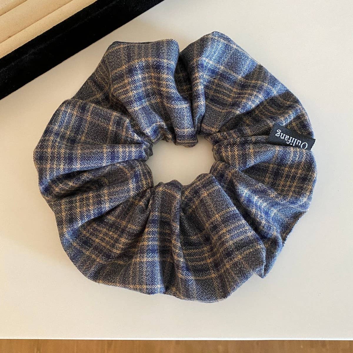 Blue Plaid Scrunchie Soft Gentle Fabric Tie_Cwaha08189
