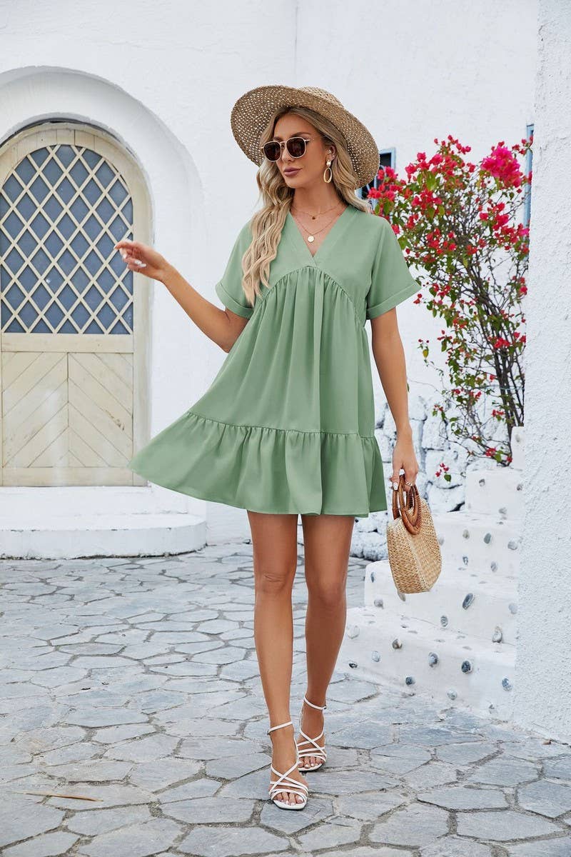 V Neck Solid Color Short Sleeve Pleated Dress_Cwdsd2696