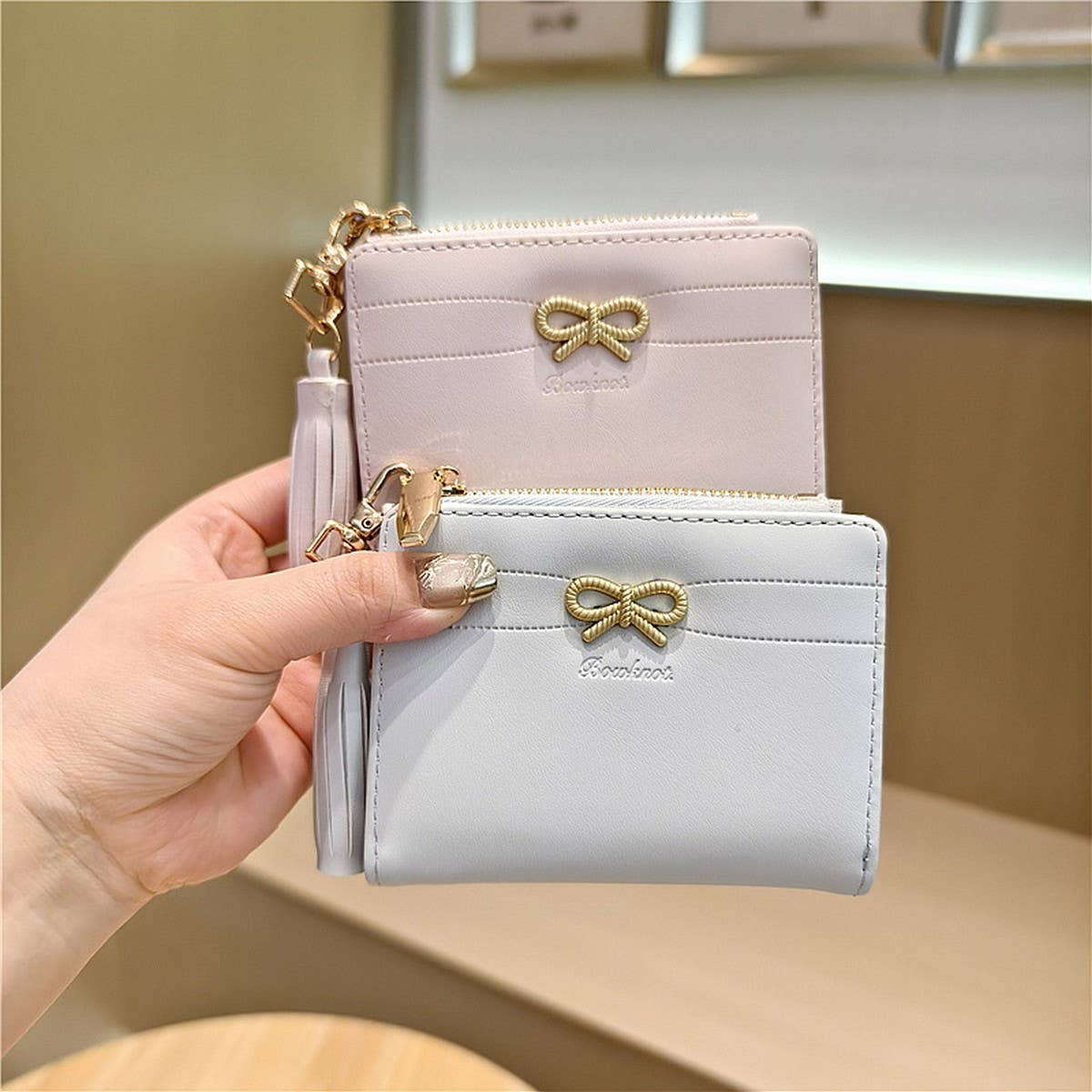 New Simple Solid Color Bow Tassel Zipper Wallet_Cwab06254