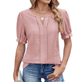 Solid Color V-Neck Puffed Sleeve Jacquard T-Shirt