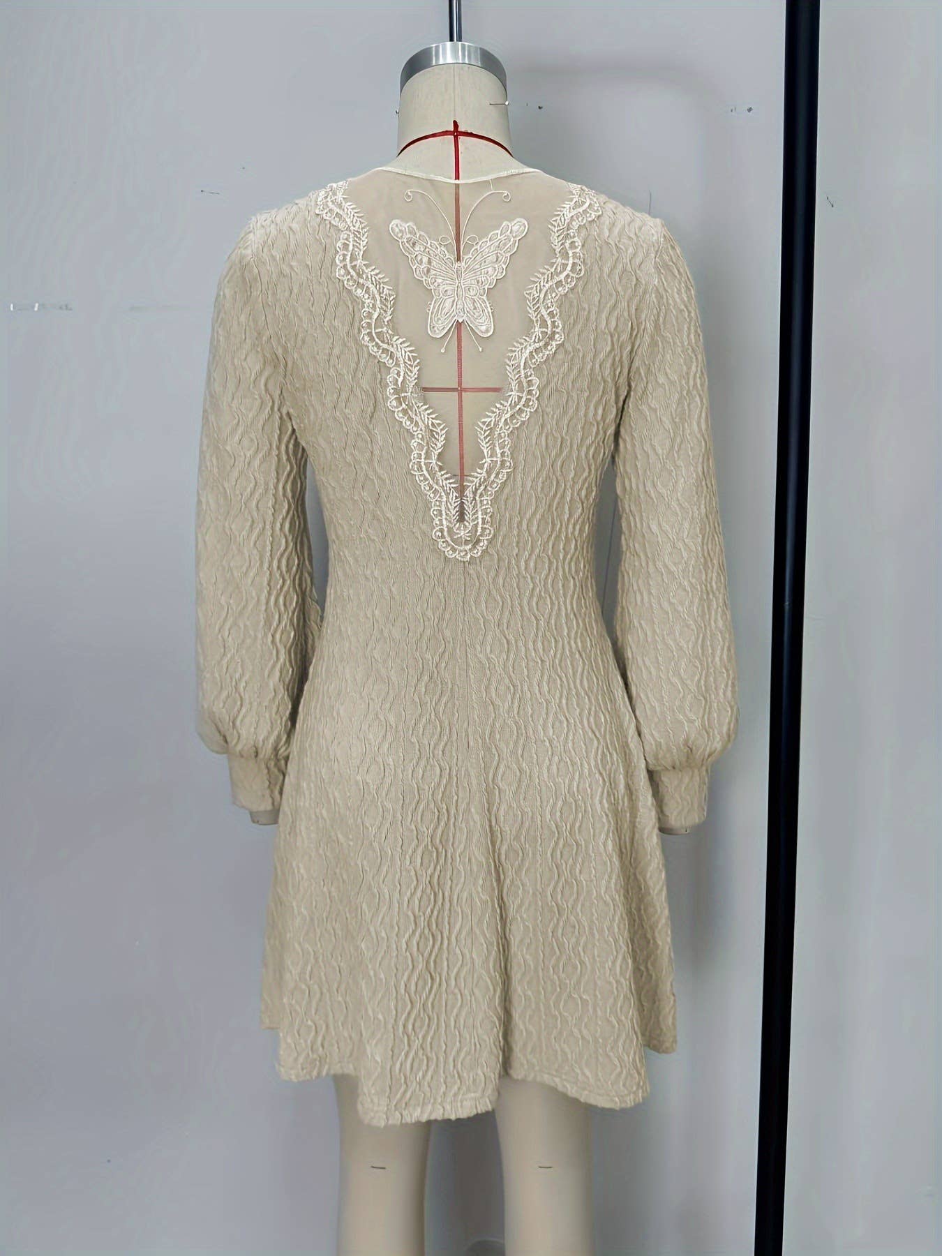 V-Neck Lace Trim Lantern Sleeve Dress