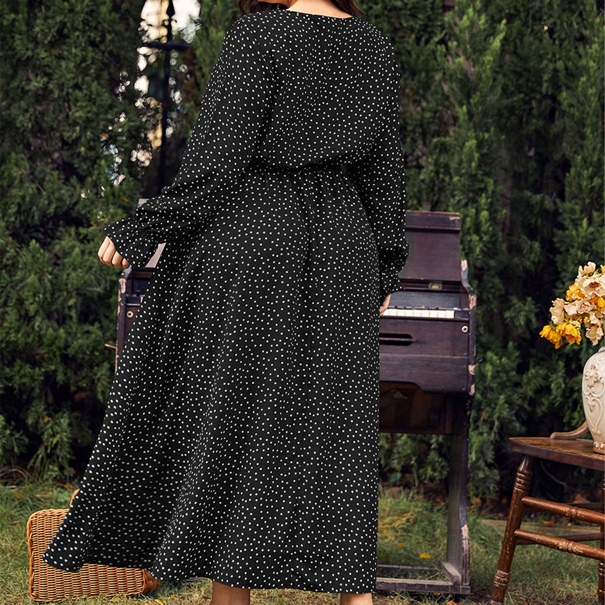 PLUS SIZE POLKA DOT DRESS LOOSE LONG SLEEVE FIT_CWDMD5977
