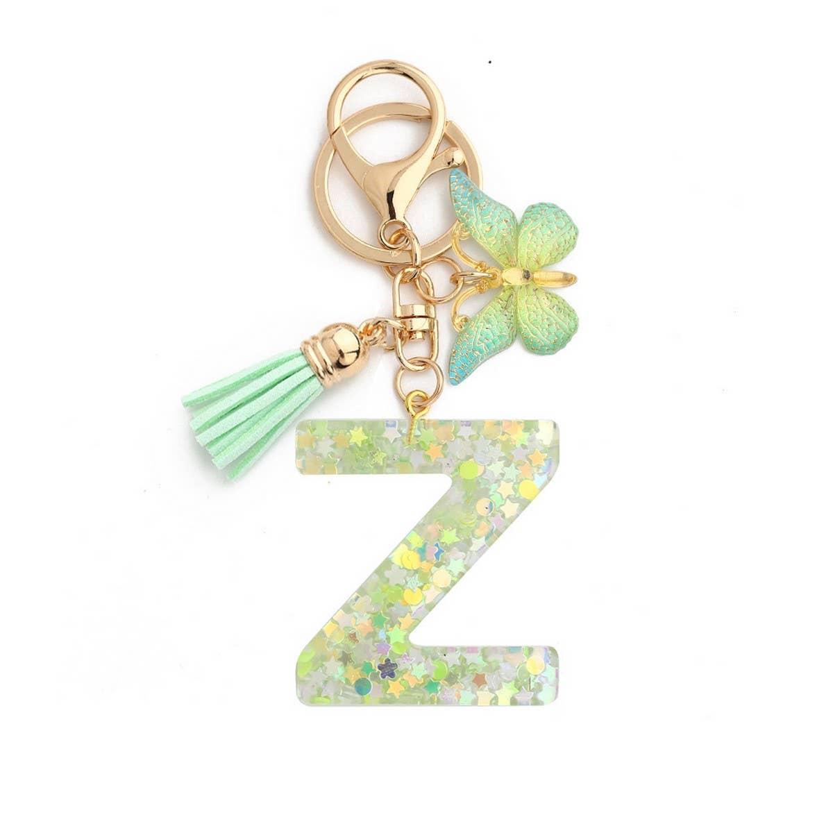 GREEN BUTTERFLY RESIN LETTER KEYCHAIN WITH GLITTER_CWAB5079