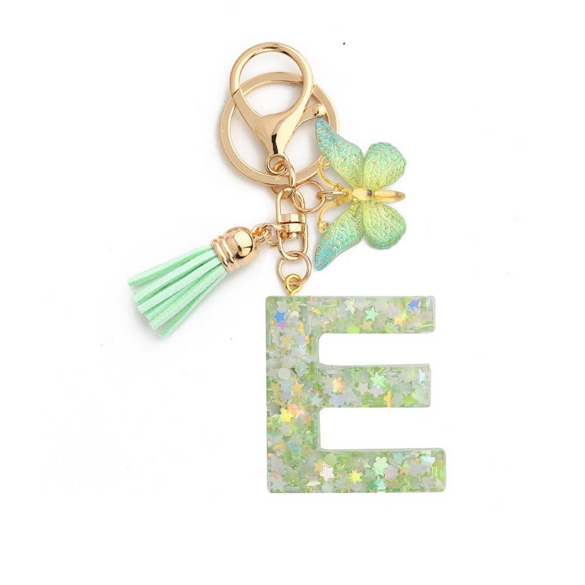 GREEN BUTTERFLY RESIN LETTER KEYCHAIN WITH GLITTER_CWAB5079