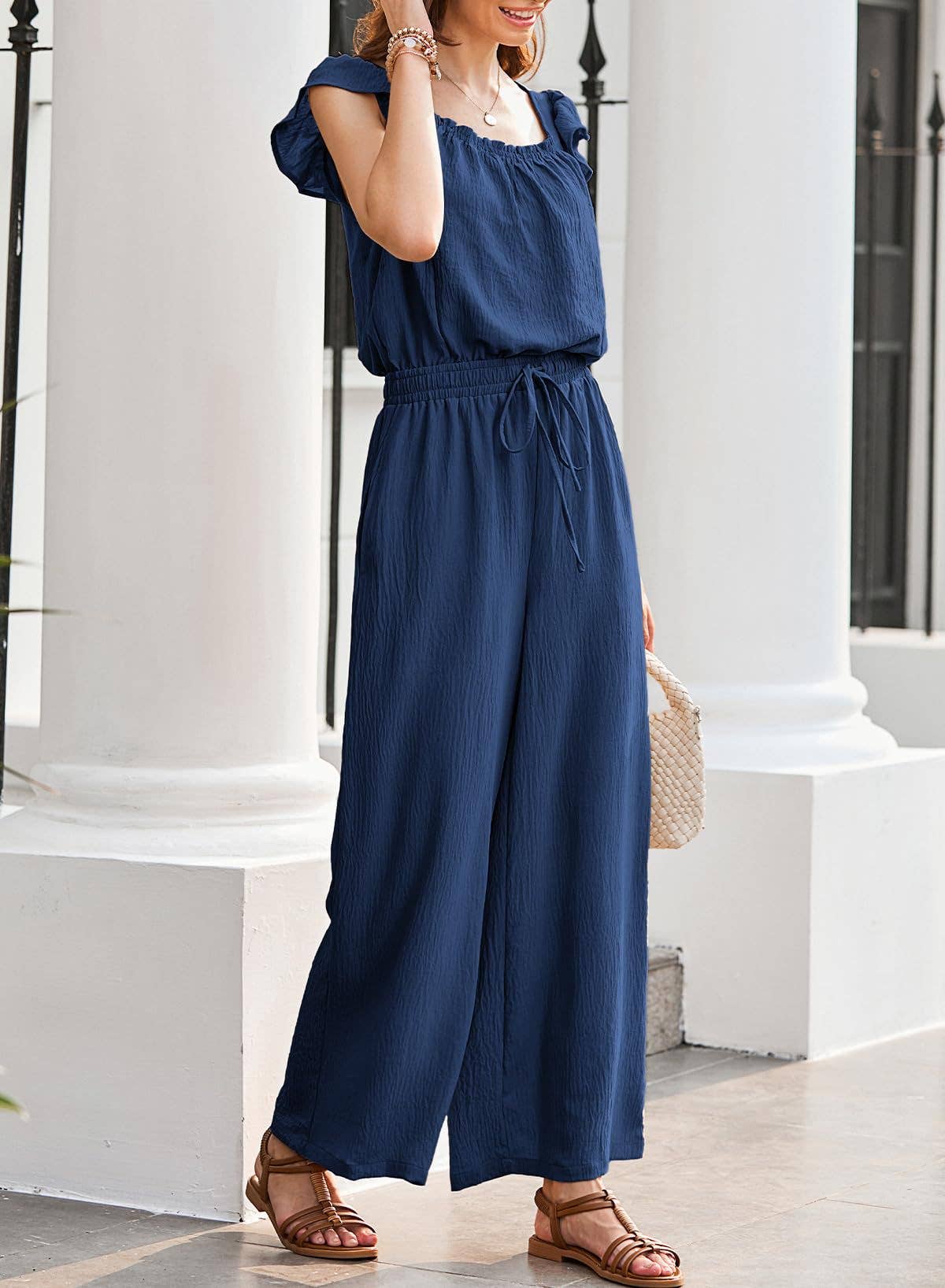 Womens Ruched Romper With Ruffle Sleeves