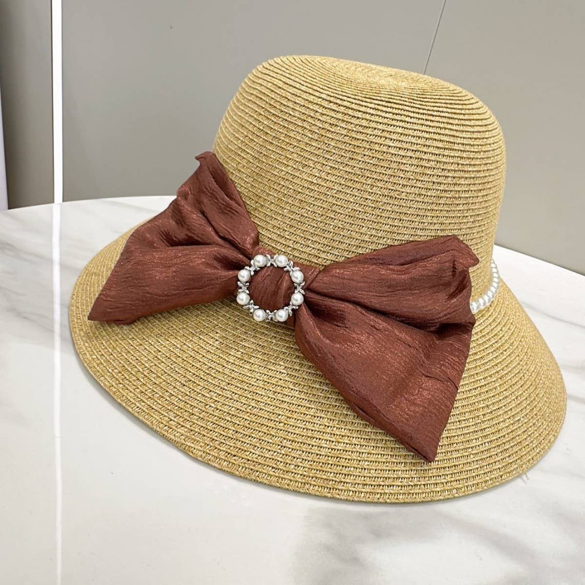 FASHIONABLE PEARL BUTTON BOW SUN HAT_CWAH3595