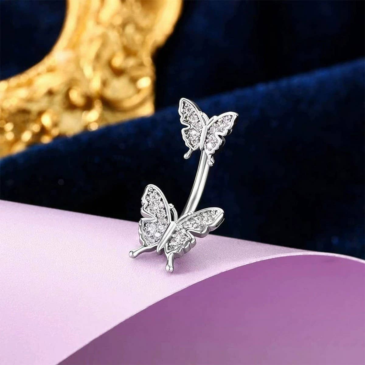 DOUBLE BUTTERFLY CZ BELLY RING HYPOALLERGENIC_CWMM9247
