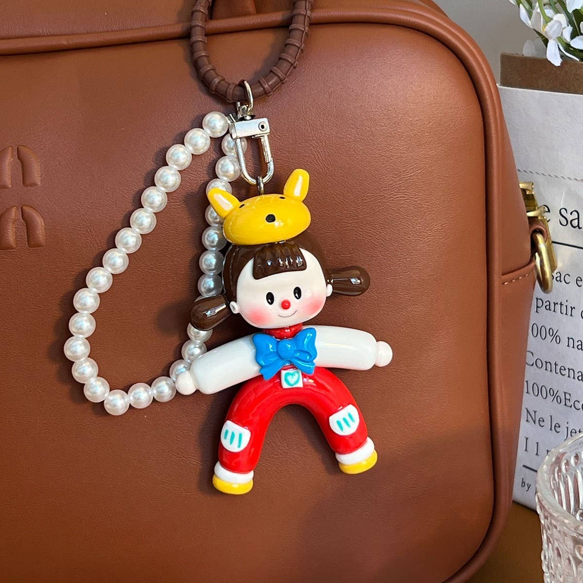 CUTE FOX HAT CLAY PEARL CHAIN KEYCHAIN GIFT_CWMM7878