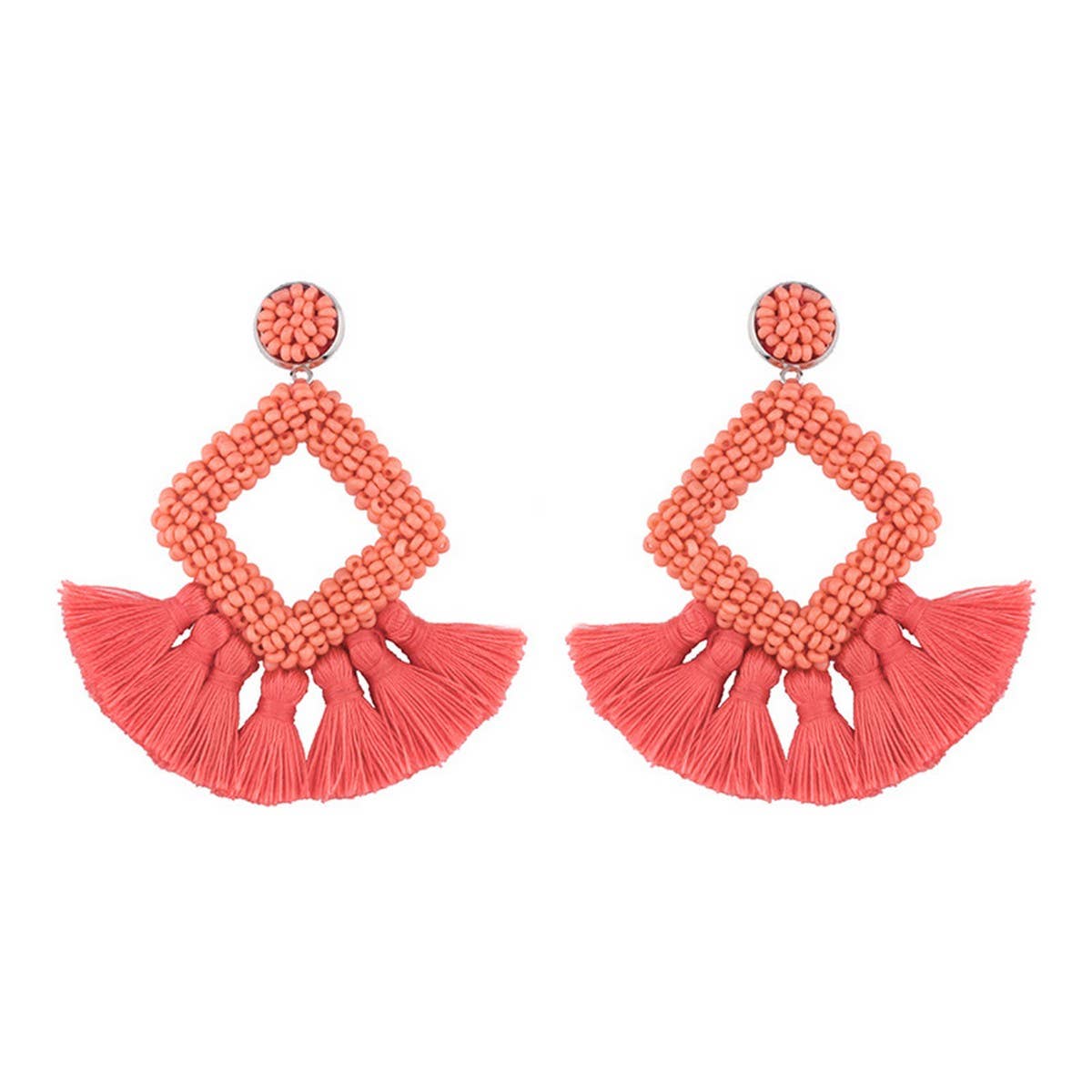 GEOMETRIC DIAMOND SHAPED RICE BEAD TASSEL EARRINGS_CWAJE1043