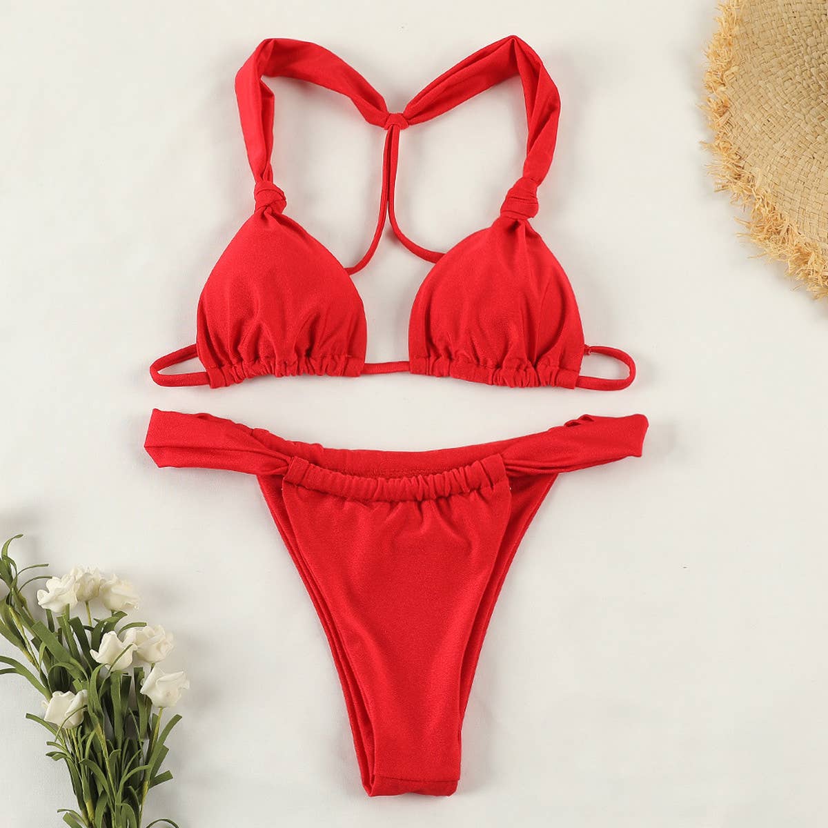 SOLID COLOR KNOTTED BIKINI SEXY BACKLESS SWIMWEAR_CWMW0260