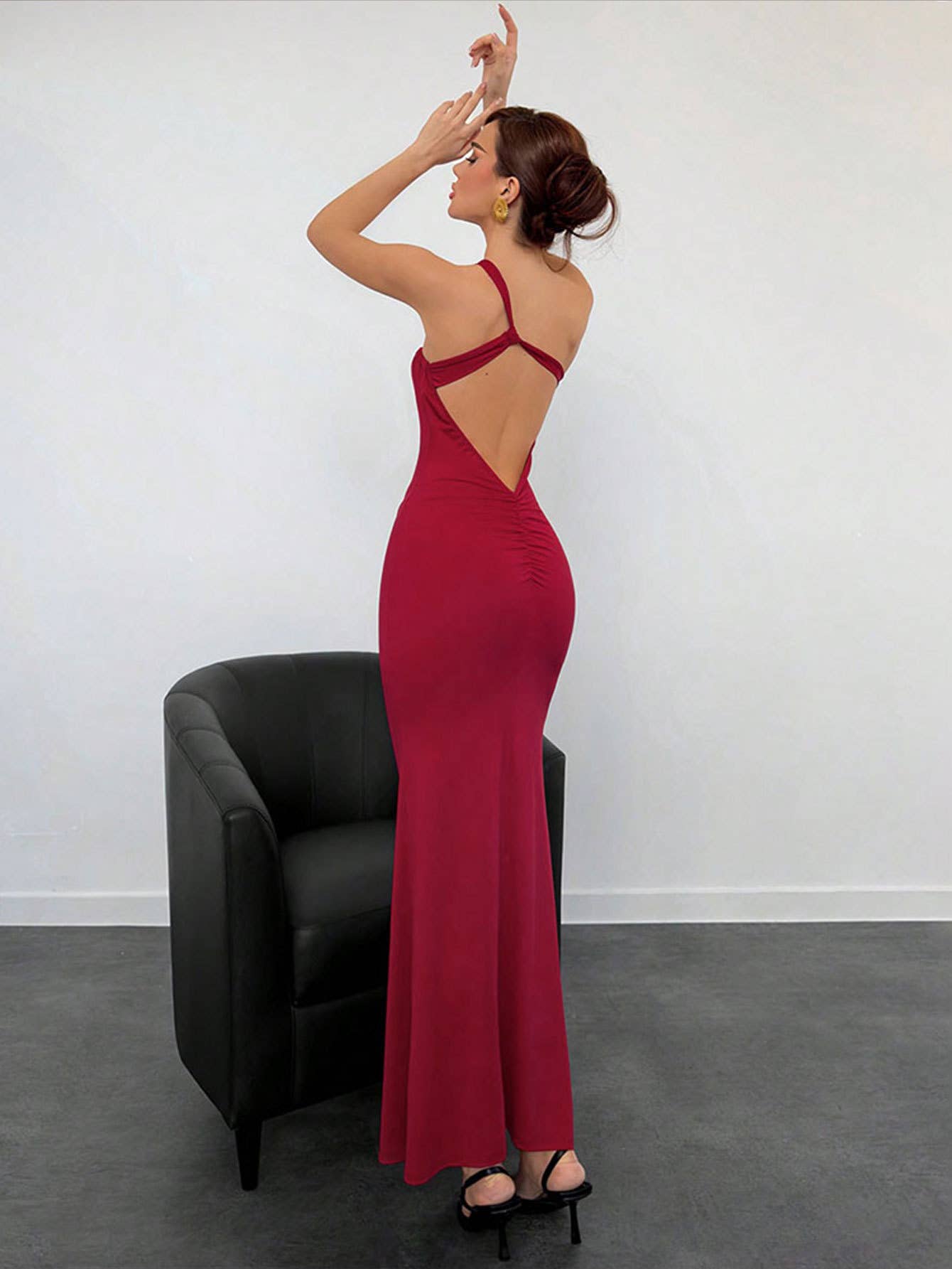 Womens Elegant Backless Red Evening Gown
