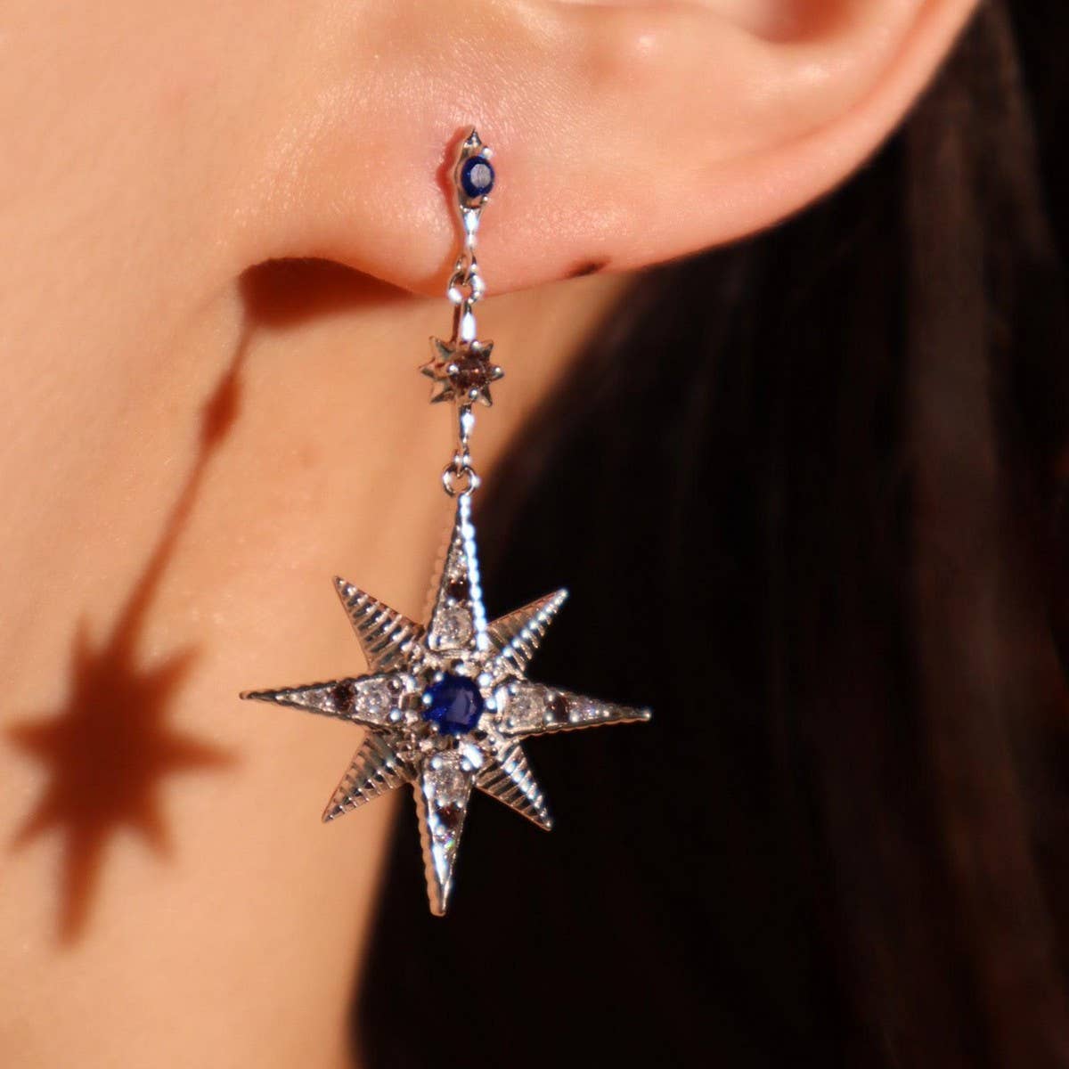 ASYMMETRICAL STAR MOON CZ STUD EARRINGS VINTAGE_CWAJE5110
