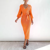 V-Neck Sexy Knit Sheath Lace-Up Dress