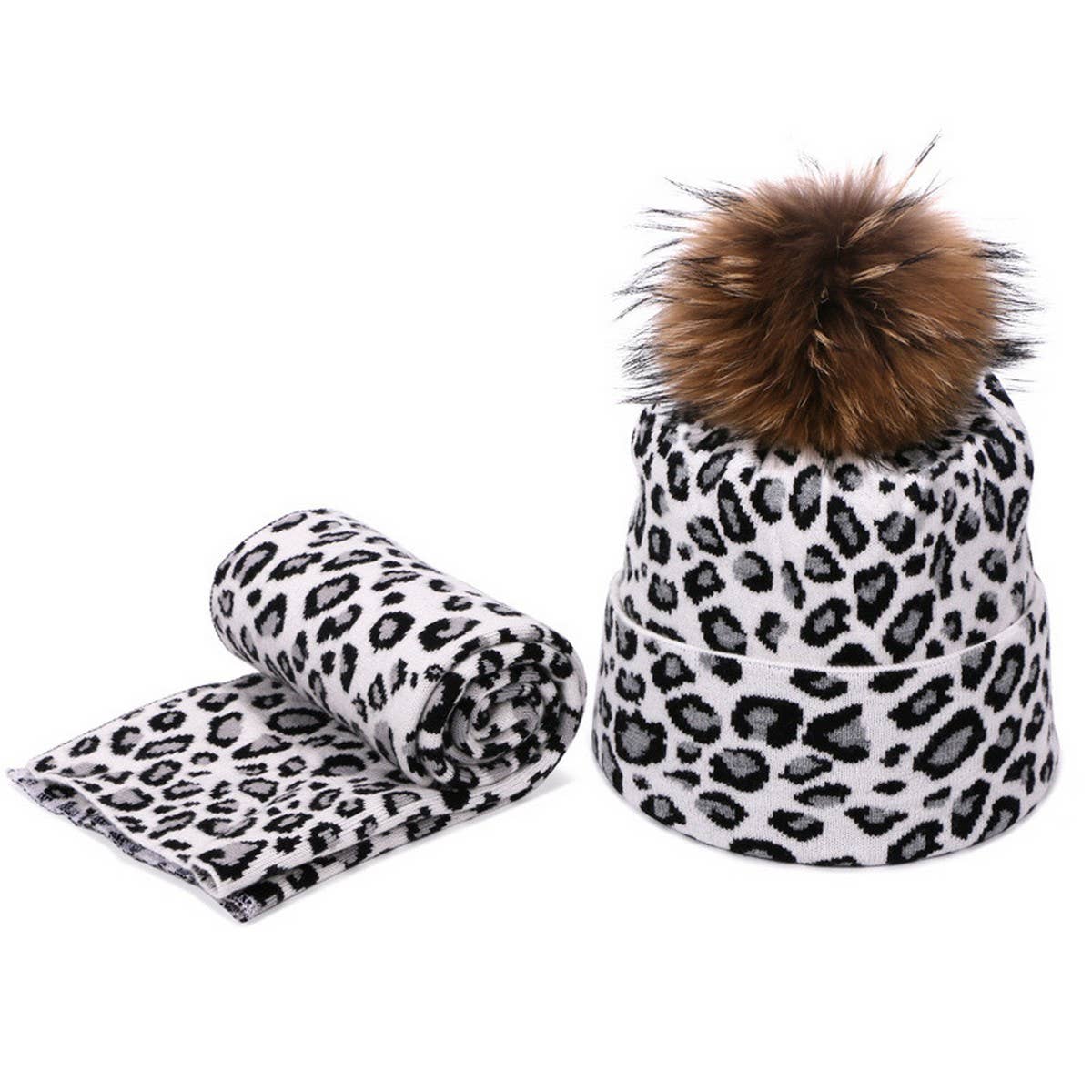Leopard Knit Beanie With Pom & Scarf Set_Cwah04988