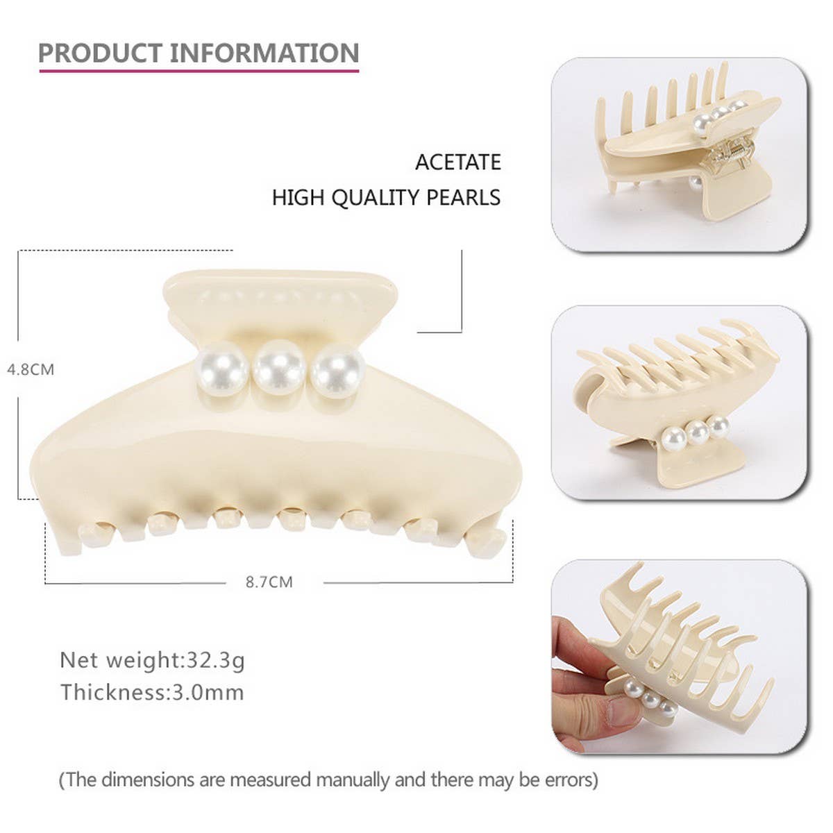 ACETATE SHARK CLIP PEARL HAIR ACCESSORY HAIRPIN_CWAHA4267