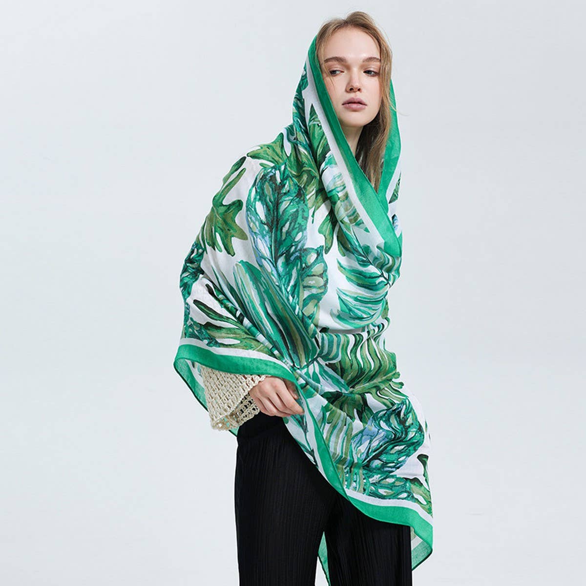 BANANA LEAF PRINT SCARF GREEN SUMMER BEACH WRAP_CWASC0676