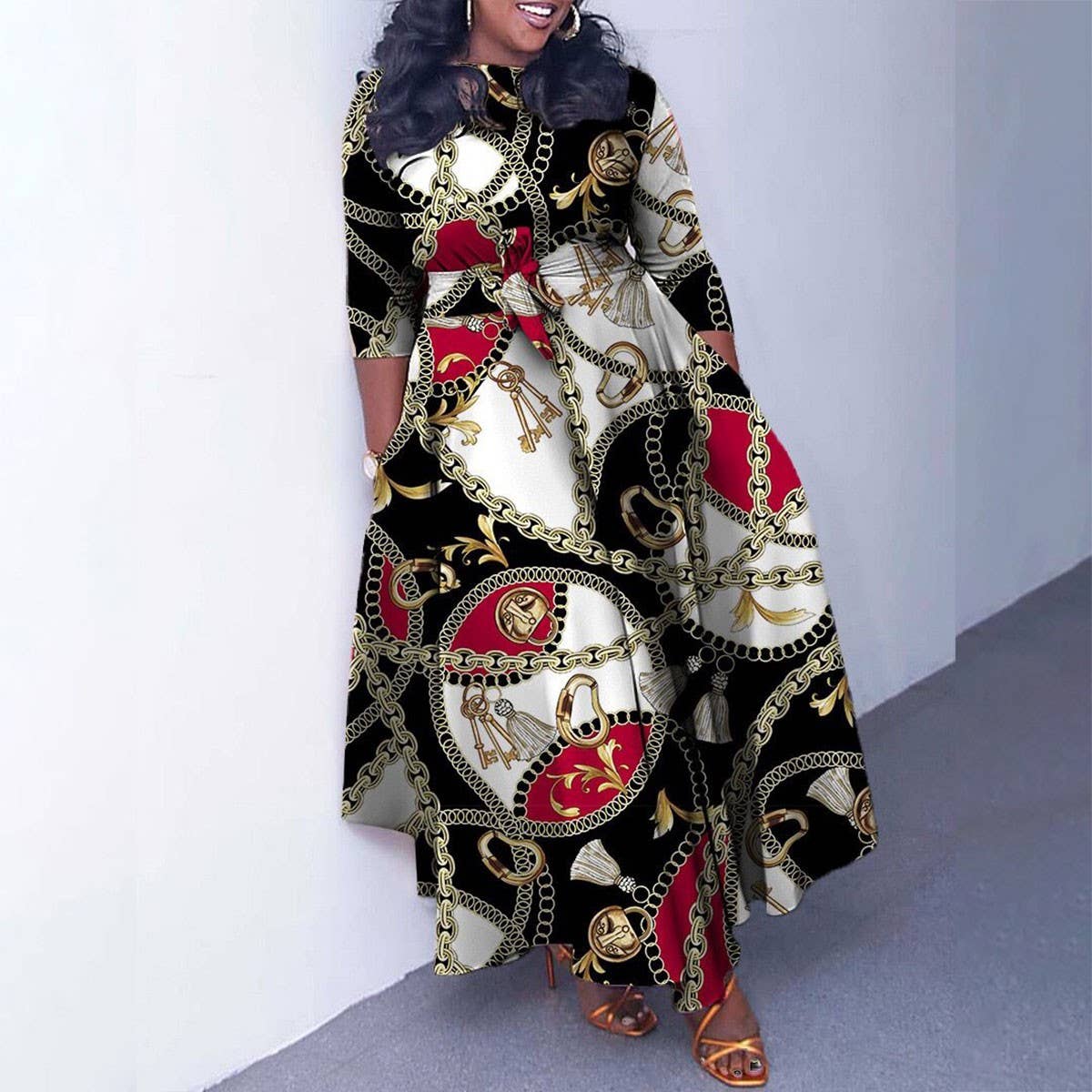 FASHIONABLE PRINTED LACE UP OVERSIZED DRESS_CWDMD3696