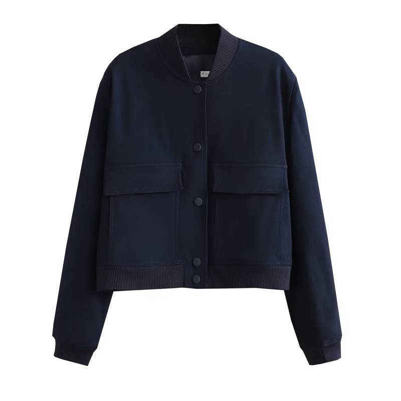 Solid Short Jacket With Large Pocket Stand Collar
