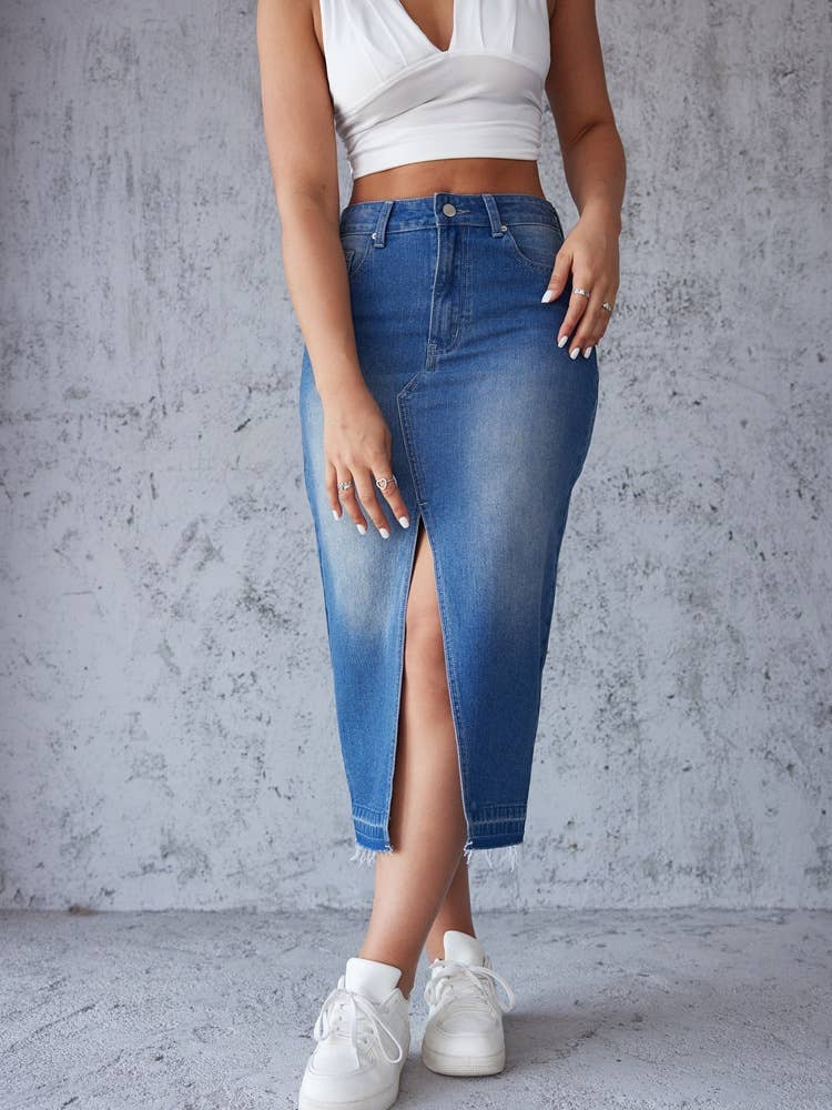 Split Hip Wrap A-Line Skirt Trend Blue Skirt