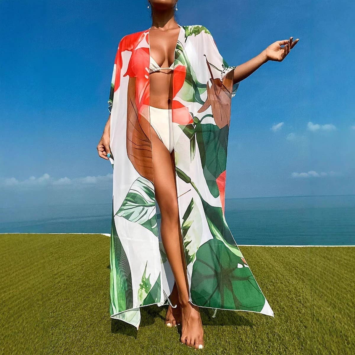 PLANT PRINT MESH LONG BEACH COVER UP BOHO STYLE_CWBLS0470