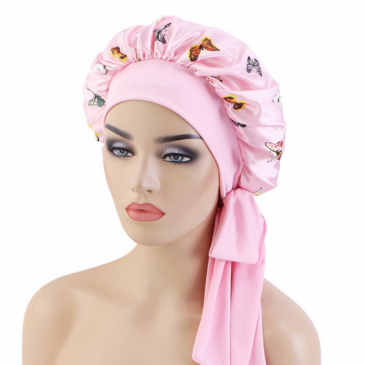 BUTTERFLY PRINT STRETCH NIGHTCAP WITH LONG RIBBON_CWAH1476