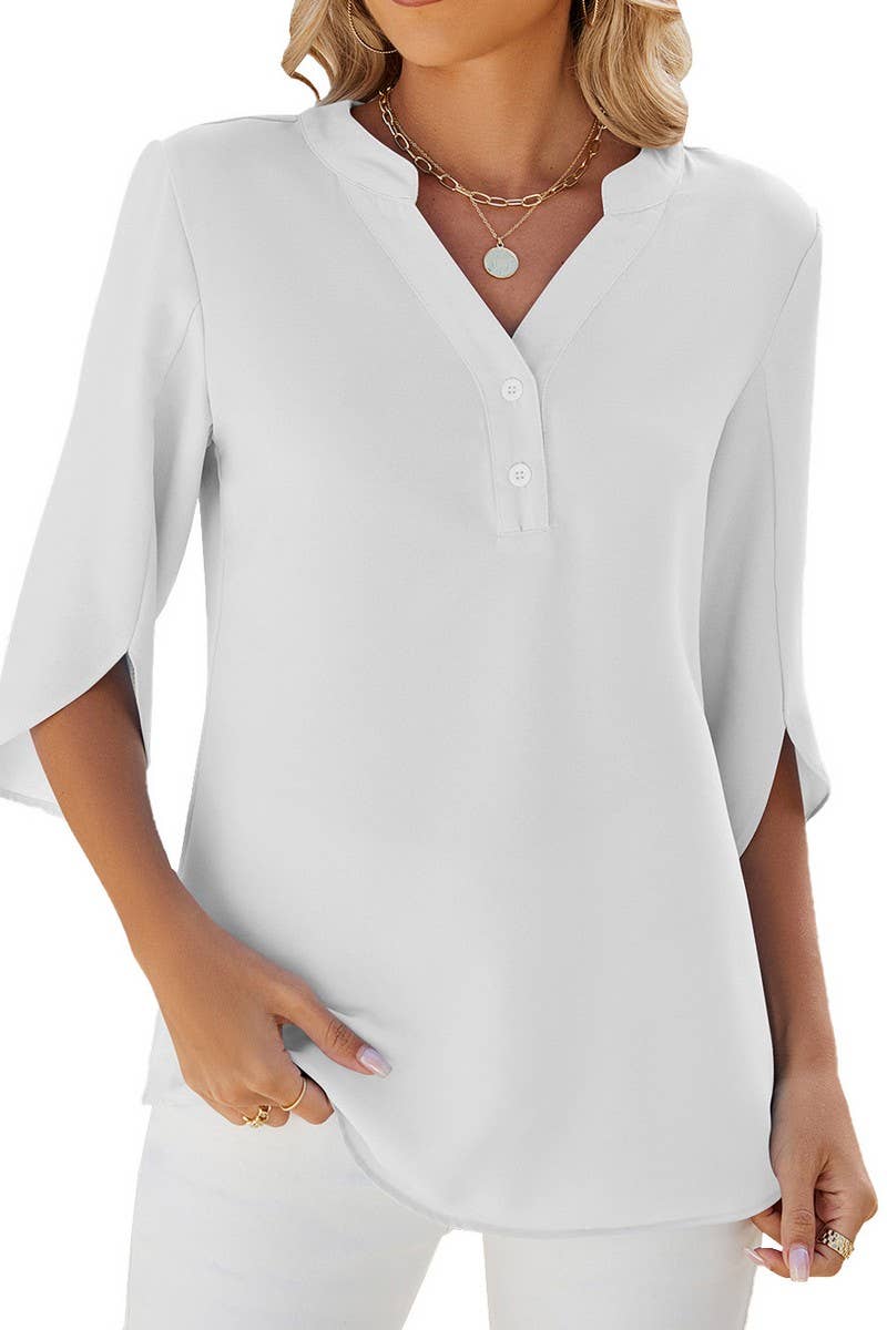 V Neck Button Solid Color Casual Chiffon Shirt_Cwtsts0185