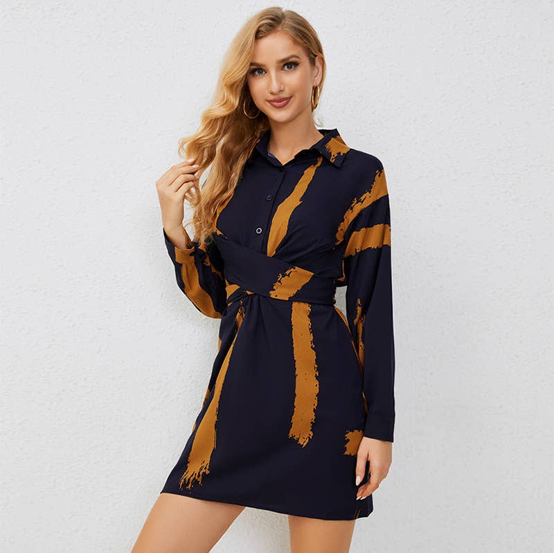 Striped Lapel Long Sleeve Slim Fit Waist Dress