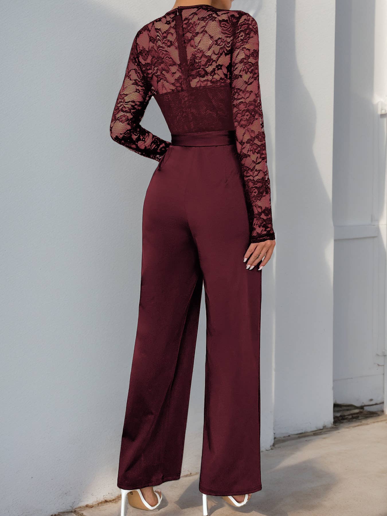 Solid Color Jumpsuit Lace Patchwork Zipper