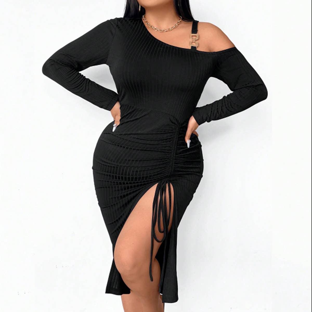 OFF SHOULDER ASYMMETRICAL CINCHED BODYCON DRESS_CWDMD6053
