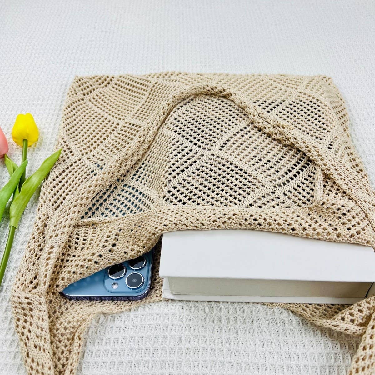 Cwab4575_Solid Knit Hollow Woven Shoulder Tote Bag