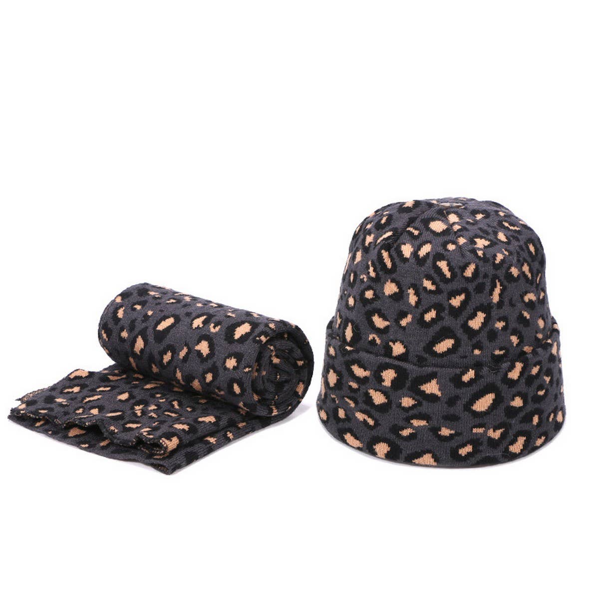 Leopard Knit Beanie With Pom & Scarf Set_Cwah04988