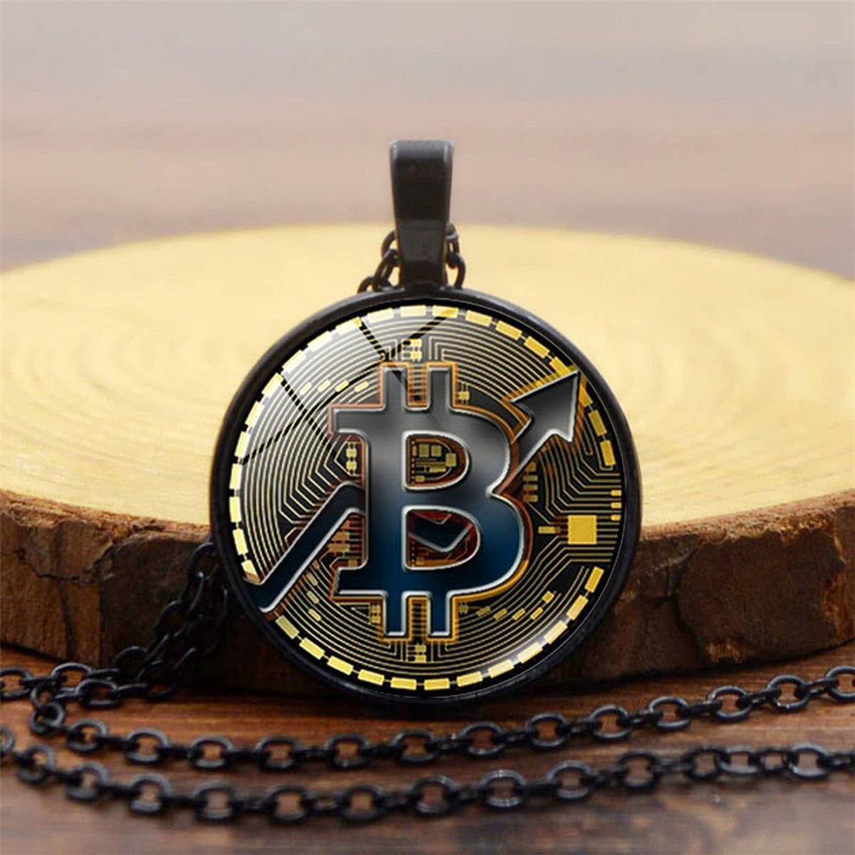 GOLD COIN BITCOIN TIME GEMSTONE PENDANT NECKLACE_CWAJE0704