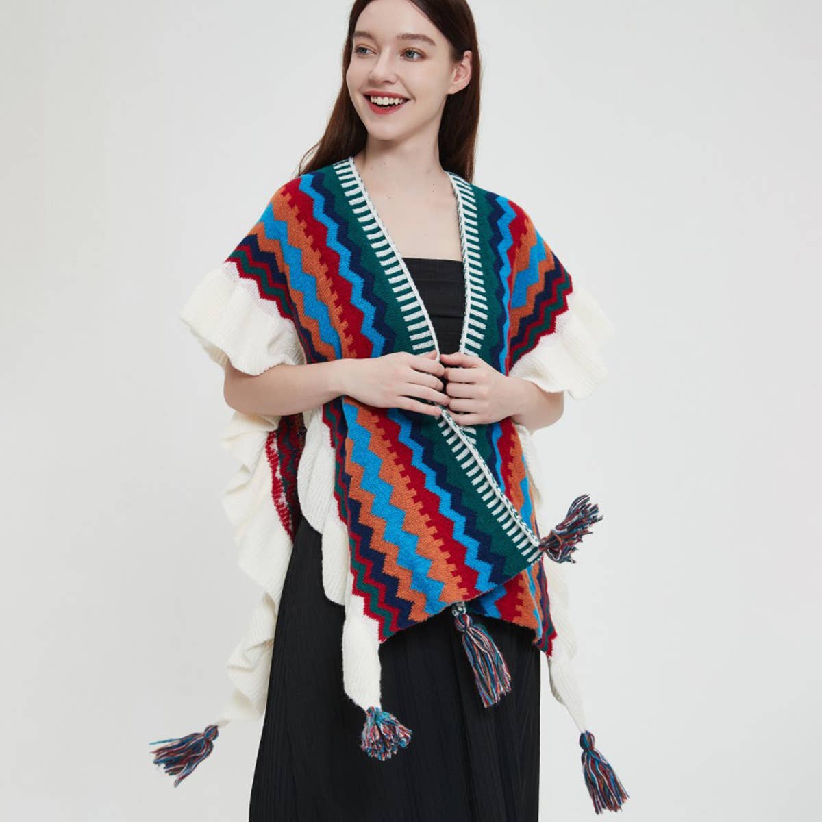 KNIT CAPE SHAWL TRAVEL WRAP FOR FALL WINTER_CWASC0158