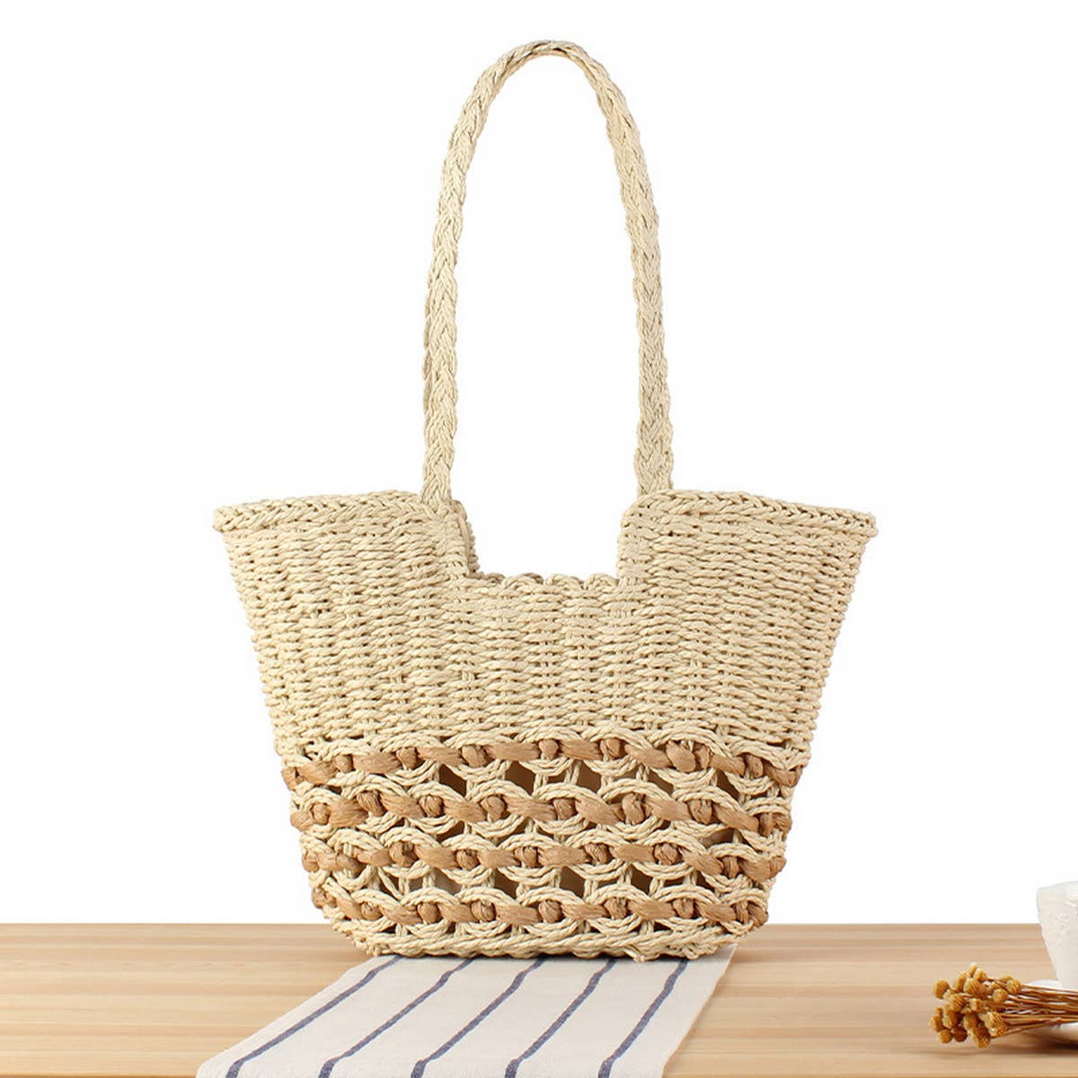 LARGE CAPACITY BEACH PAPER ROPE HOLLOW WOVEN BAG_CWAB2031