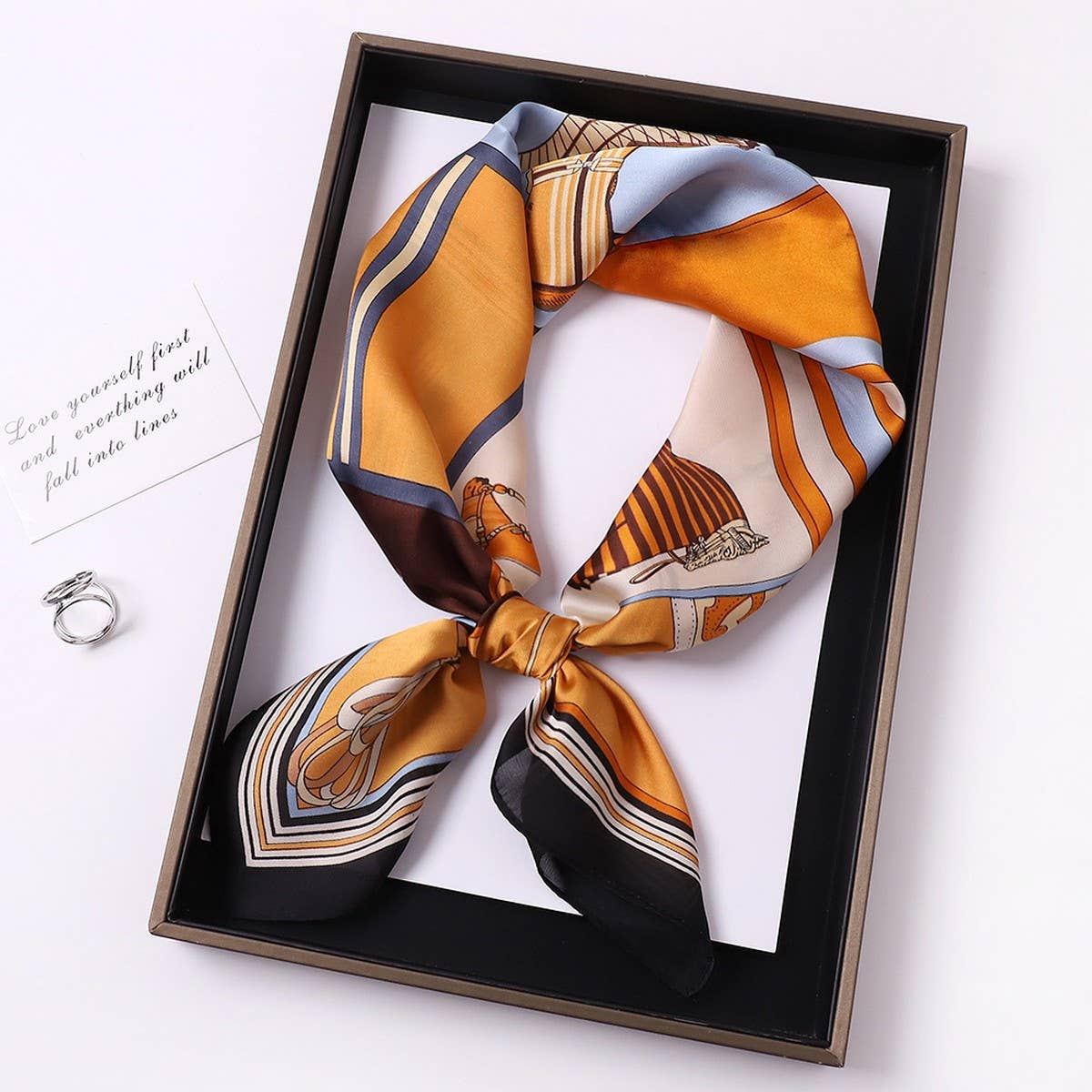 Vintage Letter Print Satin Square Scarf For Women_Cwasc0809