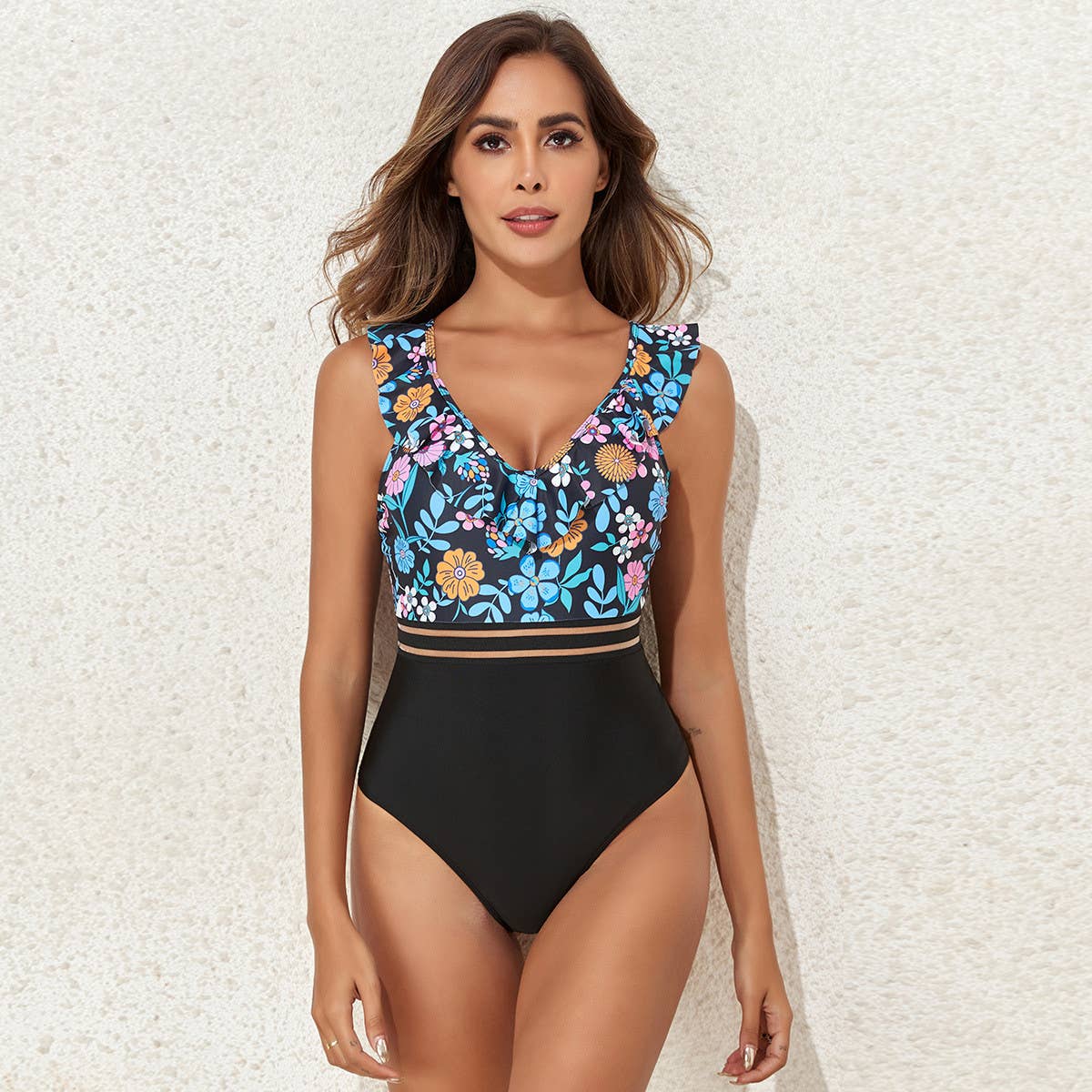 MULTICOLOR PRINTED BELTED ONE PIECE SWIMSUIT_CWMW0295