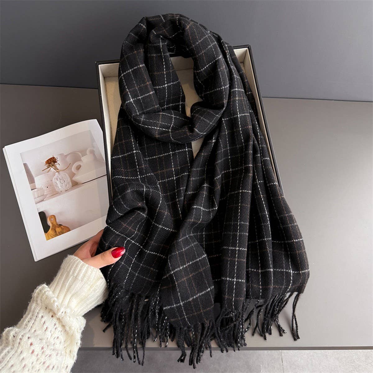 Chic Plaid Tassel Scarf Soft Cashmere Feel Wrap_ Cwasc03271