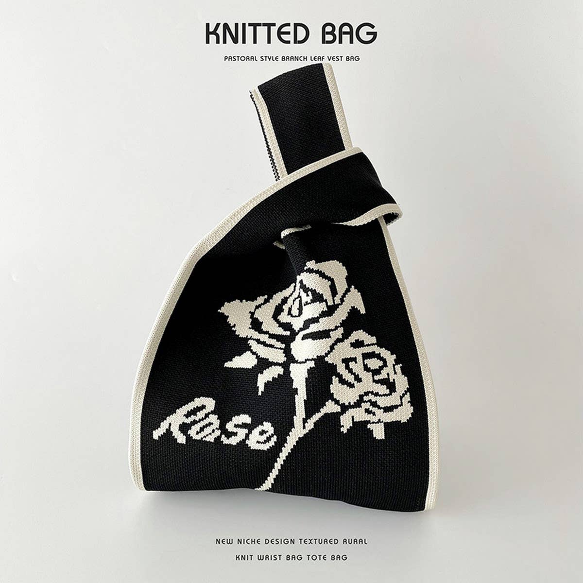 Black And White Rose Knitted Shoulder Tote Bag_Cwab1518