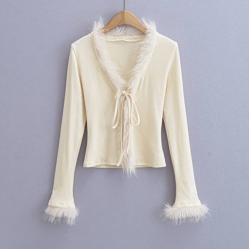 Woolly Patchwork Strap Slim-Fit V-Neck Cardigan