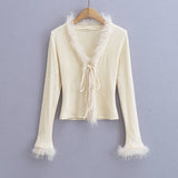 Woolly Patchwork Strap Slim-Fit V-Neck Cardigan